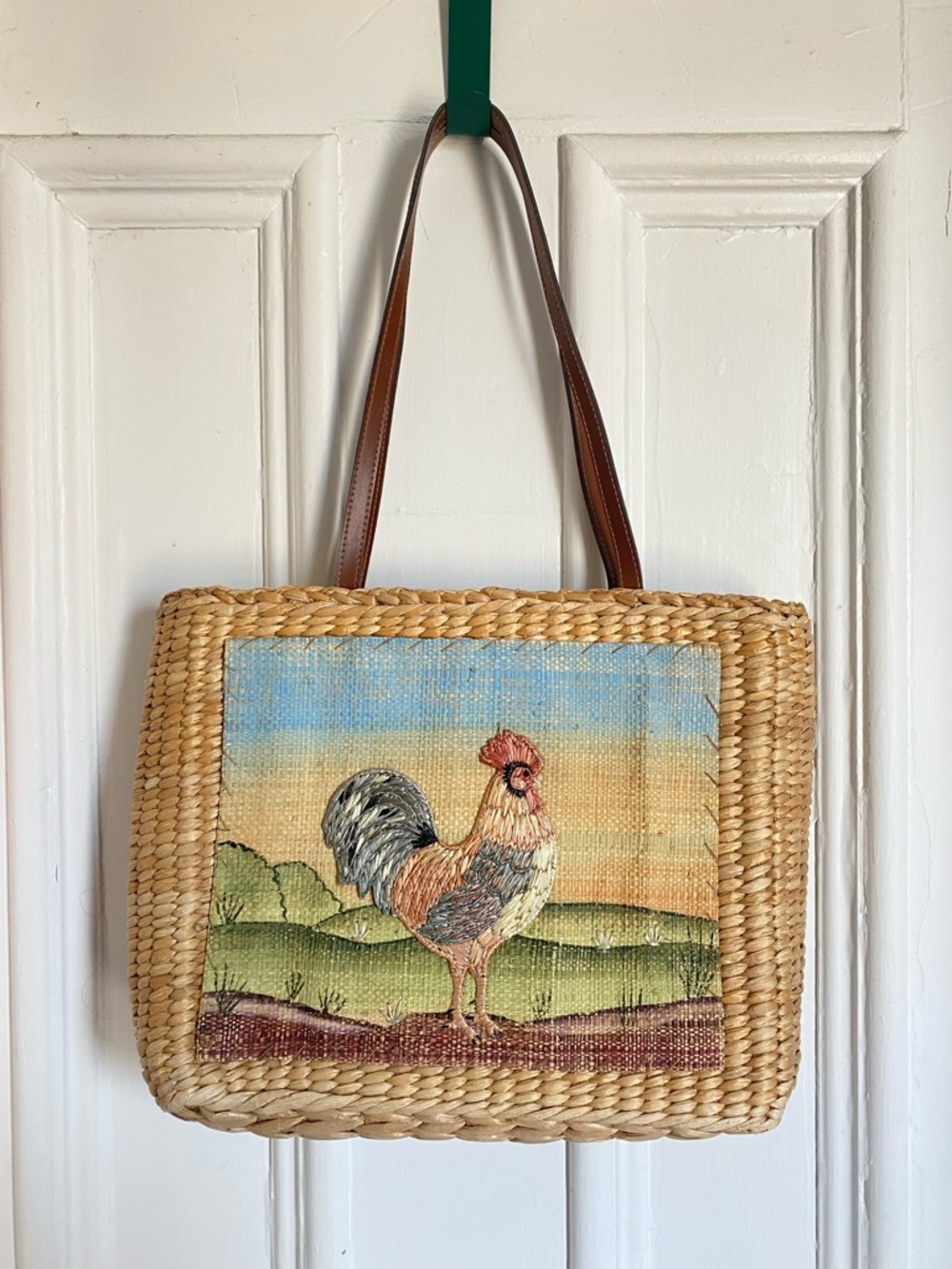 Vintage Woven Straw Tote with Rooster Panel - Brown, Tan, Blue, Green